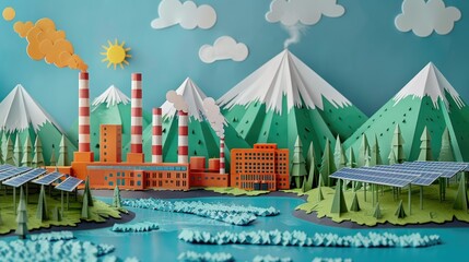 Fototapeta premium Paper cutout art of industrial facility with solar panels by a river, set against mountains under a bright sky.