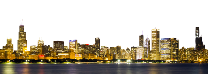 Panoramic view of the Chicago skyline illuminated at night, reflecting on water, with a white background at the edges