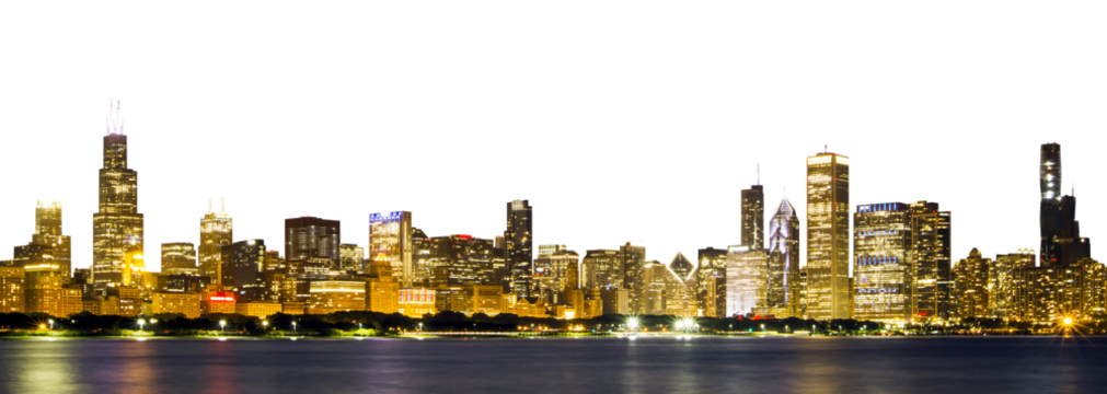 Panoramic view of the Chicago skyline illuminated at night, reflecting on water, with a white background at the edges
