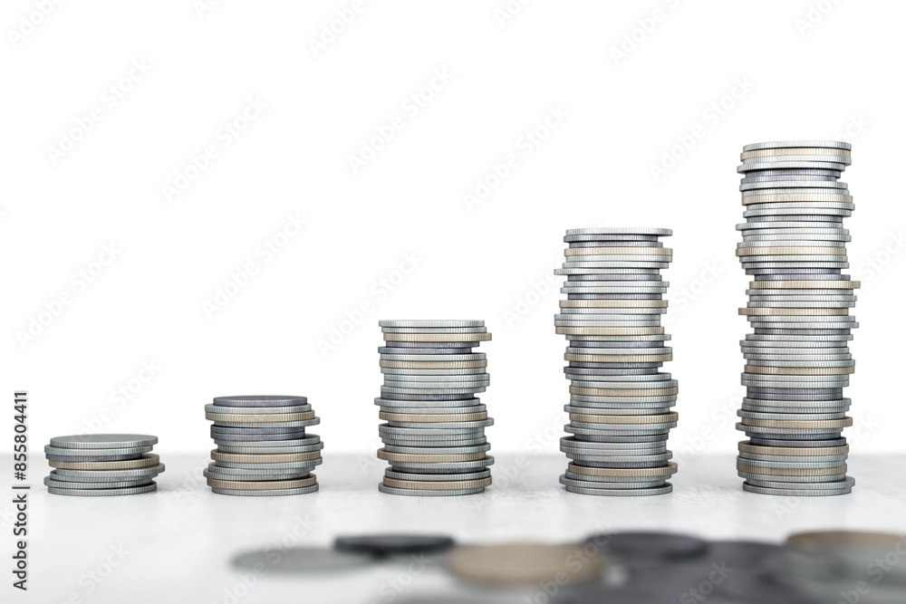 Poster stacked coins increasing in height on a white background, representing financial growth or investmen