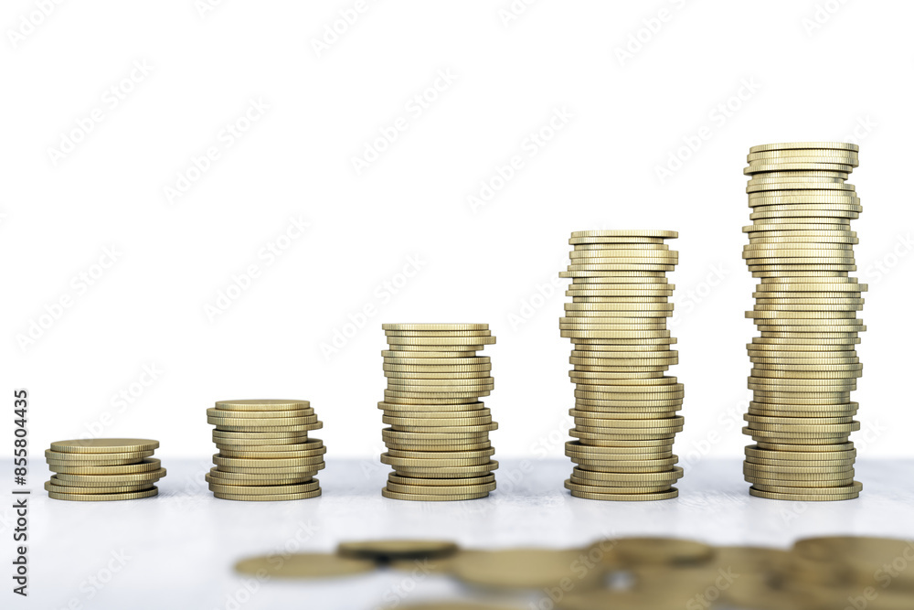 Poster Stacks of gold coins increasing in height on a white background, symbolizing financial growth or savings concept. 3D Rendering