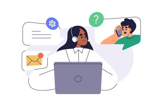 Customer support service, call center. Online help and assistance for clients. Communication, problem solution with consultant at helpdesk. Flat vector illustration isolated on white background