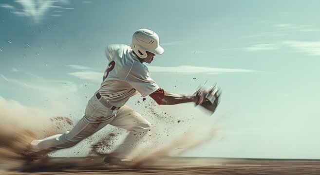 Dynamic image of man, baseball player in white uniform in action,. motion catching ball with gloves over blue sky background. Splashes of dirt