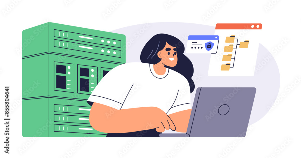 Aufkleber System administrator and server data. Computer storage, network administration, database maintenance and management concept. Female sysadmin. Flat vector illustration isolated on white background