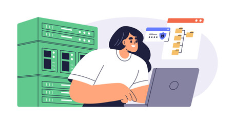 System administrator and server data. Computer storage, network administration, database maintenance and management concept. Female sysadmin. Flat vector illustration isolated on white background