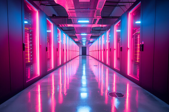 Empty background scene. Dark room, neon blue and pink figures in the dark, smoke. Abstract dark background.