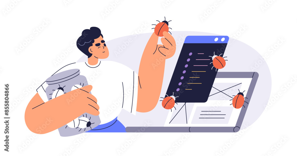 Aufkleber Software tester finding bugs, searching errors. QA reporting, testing program and debugging code. Quality assurance analysis, mistakes control. Flat vector illustration isolated on white background