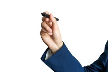 A person in a blue suit holding a pen pointed outwards, against a white background, depicting the concept of writing or signing