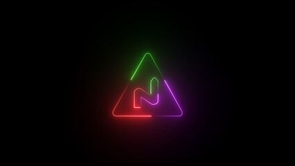 Neon triangular road sign . Glowing curves road sign. Triangle warning road sign. Road warning sign.