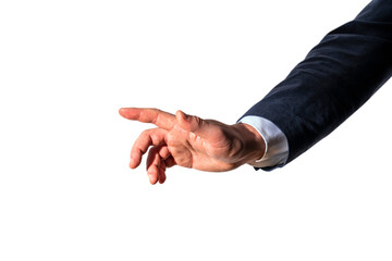 Fototapeta premium A man's hand gesturing, dressed in a suit, isolated on a white background, depicting a concept of direction or instruction