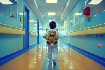 Fototapeta premium Little boy with bear walking down hospital corridor