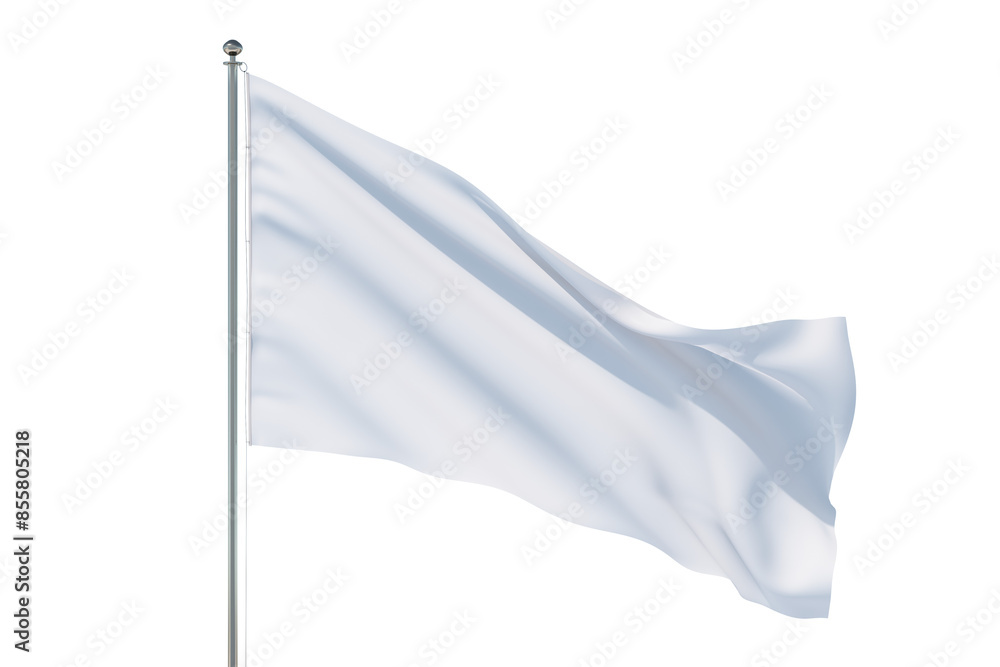 Poster white blank flag on a flagpole against a white background, waving in a breeze, concept of identity o