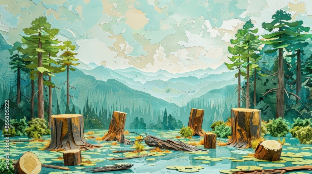 Poster paper cutout art of deforestation, with tree stumps and fallen trees replacing a once lush forest.