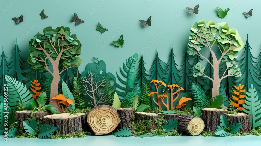 Poster paper cutout art of deforestation, with tree stumps and fallen trees replacing a once lush forest.