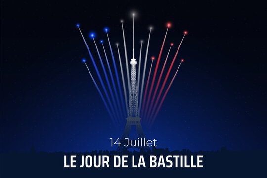 Banner 14 july bastille day in france, poster with french colorful fireworks on dark sky background. Fireworks france flag. French national holiday. Vector. Translation: July 14 Bastille Day