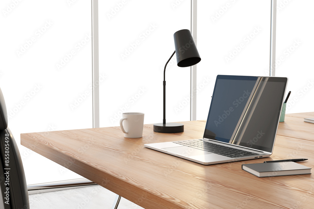 Poster a laptop on a wooden desk with a lamp, cup, and notebook beside a window with a bright background, c