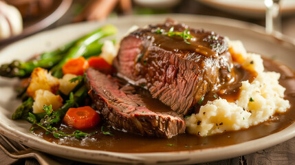 An elegantly served Sunday dinner plate features roast beef, surrounded by creamy mashed potatoes, a variety of vegetables and generously topped with a delicious sauce.