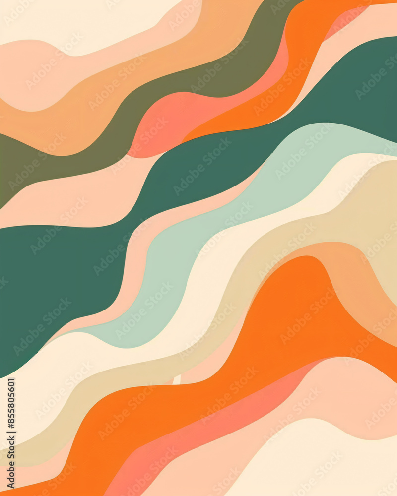 Poster abstract background with wavy shapes, illustration in the style of retro style, peach and green colo