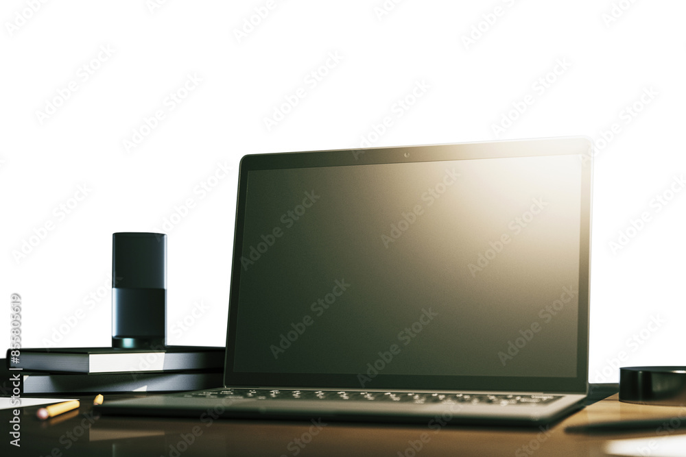 Poster laptop, digital tablet, and smartphone on a white background, illustrating a modern technology setup