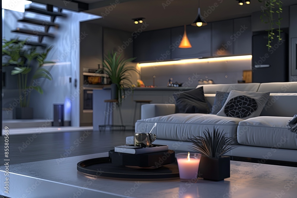 Poster Modern smart living room with AI devices like voice assistants, automated lighting, and smart security systems. Sleek design prioritizes comfort and technology. Generative AI