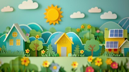 Paper cutout art showing solar panels on rooftops in a suburban neighborhood. Clean energy focus with vibrant colors.