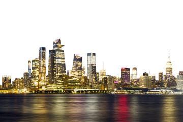 New York skyline illuminated at night, reflected on water with a white background, concept of urban...