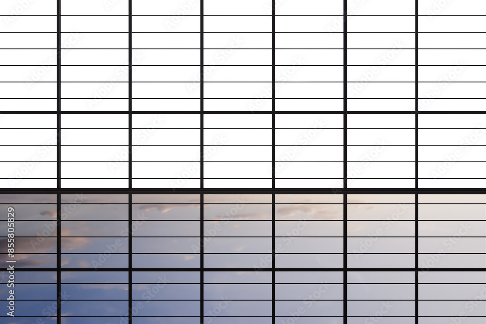 Poster a reflection of a sunrise or sunset in glass window panes against a grid structure, concept of urban