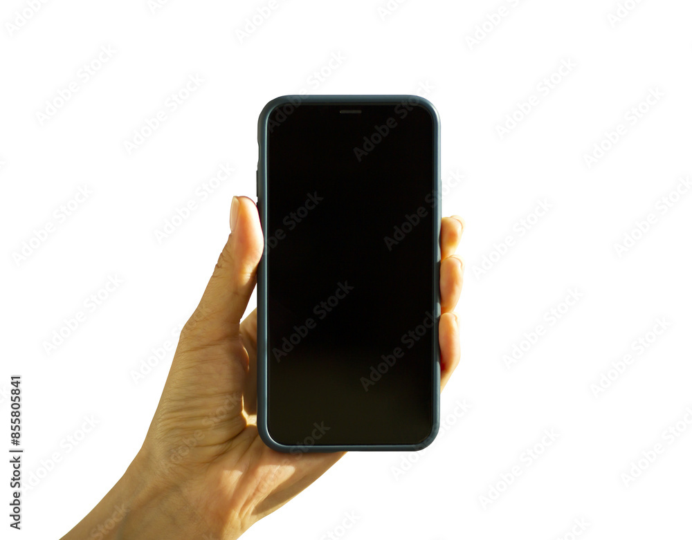 Poster a hand holding a smartphone with a blank screen against a white background, suitable for a design te