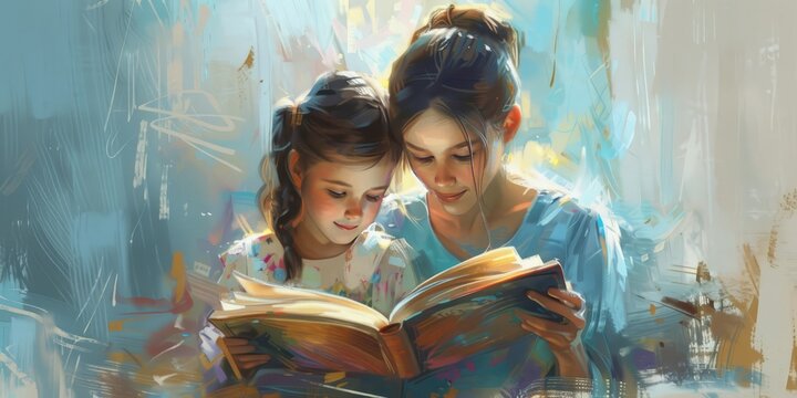 Mother and daugther reading a book before going to bed