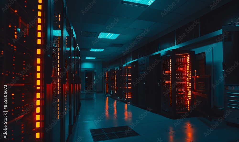 Poster image of interior of data center server room at night illuminated by orange lights with rows of blac