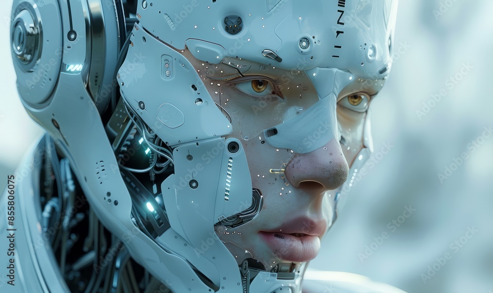 Poster a robot man with an intimidating stare looks into the distance in close-up