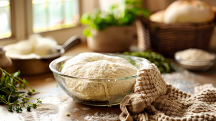 Fototapeta premium Proofing bread dough in glass bowl with herbs on rustic kitchen table