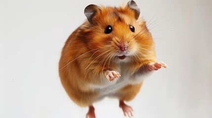 Adorable Hamster Jumping in Mid-Air with White Background, Capturing the Cute and Playful Nature of...