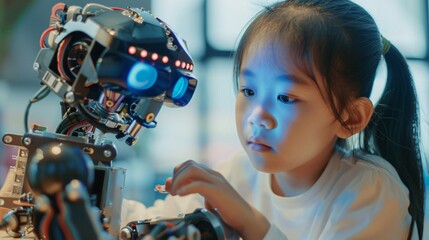 In the STEM education concept, an Asian young girl is engaged in learning robot design, highlighting education in science, technology, engineering, and mathematics.