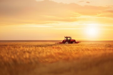 Fototapeta premium red tractor is seen working on a golden wheat field at sunrise, emphasizing the daily routines of agricultural life and the beauty of dawn.