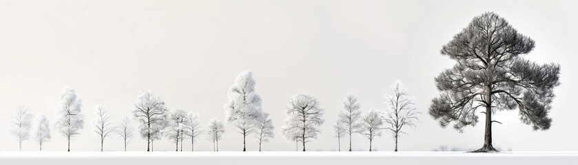 Fototapeta premium A row of trees in winter, with one large tree standing out.
