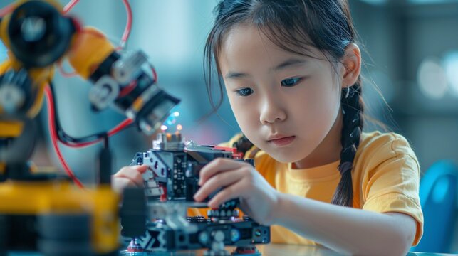 In the STEM education concept, an Asian young girl is engaged in learning robot design, highlighting education in science, technology, engineering, and mathematics.