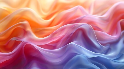 Fototapeta premium An artistic depiction of wave patterns created by colorful silk ribbons in the wind. The ribbons move fluidly, forming intricate wave shapes with vibrant colors, set against a soft, blurred backdrop