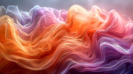 Obraz premium An artistic depiction of wave patterns created by colorful silk ribbons in the wind. The ribbons move fluidly, forming intricate wave shapes with vibrant colors, set against a soft, blurred backdrop