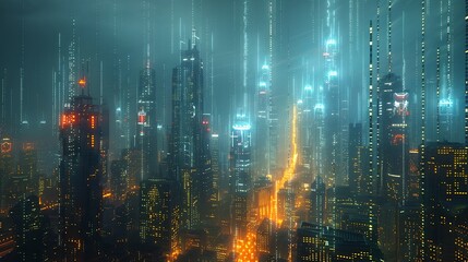 Fototapeta premium Futuristic digital grid overlaying a dark cyberpunk cityscape. The city is illuminated by neon lights, with towering skyscrapers and holographic advertisements, creating a high-tech 