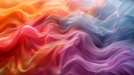 Obraz premium An artistic depiction of wave patterns created by colorful silk ribbons in the wind. The ribbons move fluidly, forming intricate wave shapes with vibrant colors, set against a soft, blurred backdrop