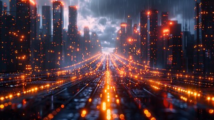Obraz premium Futuristic digital grid overlaying a dark cyberpunk cityscape. The neon lights and holographic displays create a high-tech and dystopian atmosphere