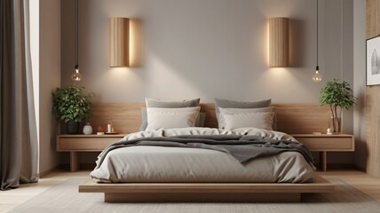 Modern contemporary bedroom 3d render The rooms have wooden floors and empty gray walls,Furnished with wooden furniture