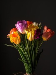 A bouquet of colorful tulips on a black background.