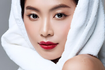 Obraz premium A woman with red lipstick and a white scarf is smiling