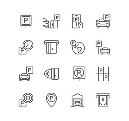 Set of parking related icons, parking garage, parking spaces, car park, paid, underground parking garage and linear variety vectors.
