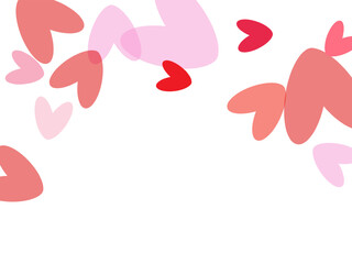 Red hearts confetti. Scatter cornered border on white valentine background.