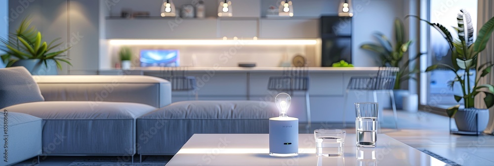 Poster modern smart home living room with ai devices, automated lighting, and sleek design. comfort and tec
