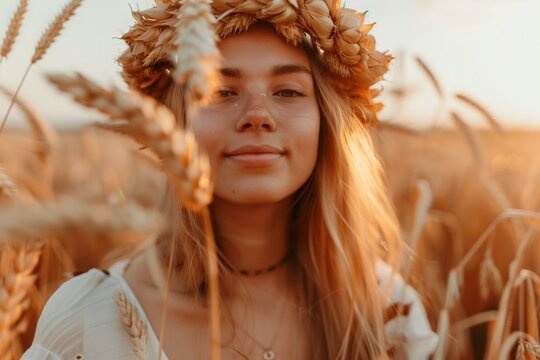 A young woman in a wheat field with a wreath on her head. Harvest festival, lugnasad, lammas, grain harvest festival, bread day. Farmer's bread. growing grain crops