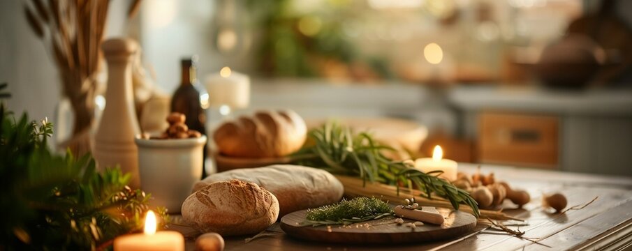 Background with wheat, bread and empty space for text. Harvest festival, lugnasad, lammas, grain harvest festival, bread day. Farmer's bread. growing grain crops
